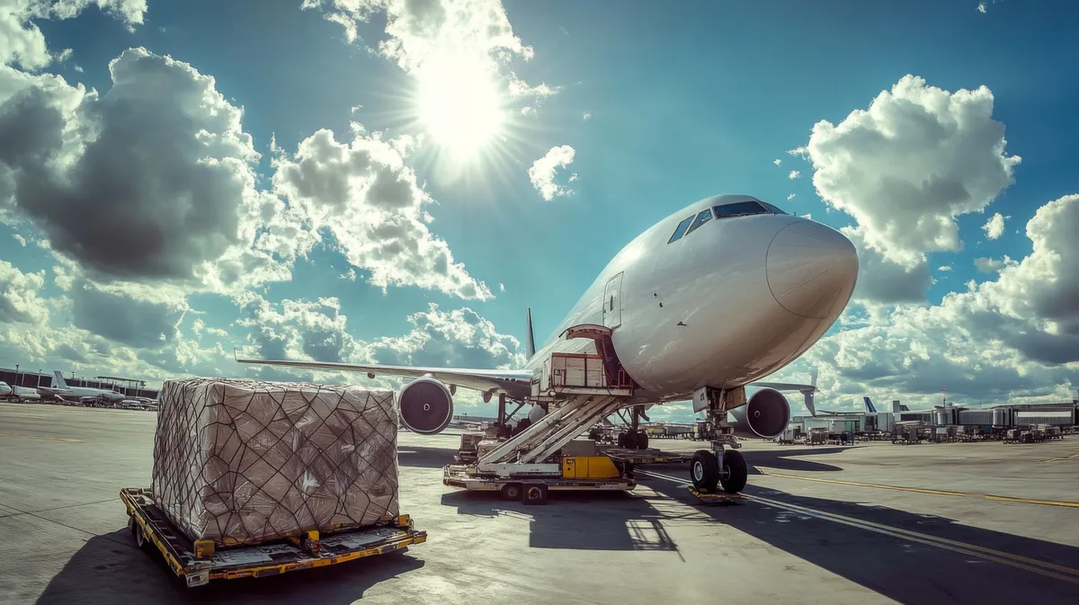 Air freight movements — aircraft loading international cargo for express global delivery